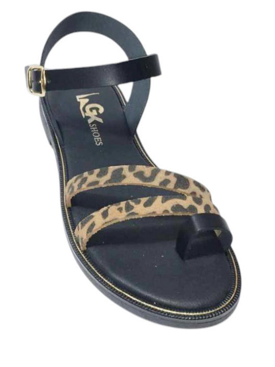 Leather Women's Flat Sandals in Black Color