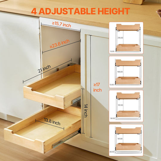 Organizator de dulap cu două niveluri Vevor, sertar din lemn cu glisare și închidere lentă, 14" lățime x 21" adâncime