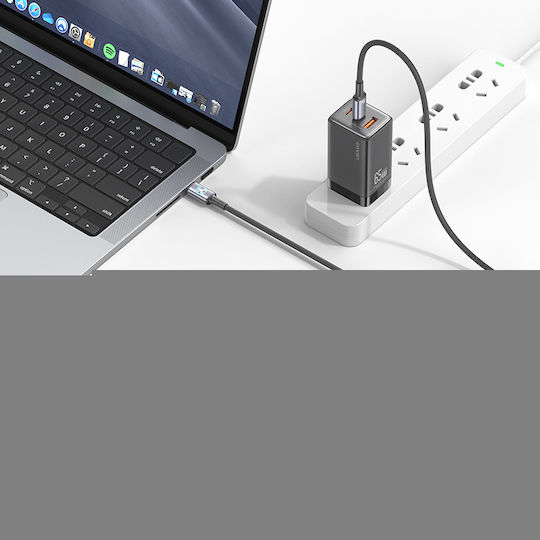 Usams Auto-Ladegerät 60W Schnellladung mit Anschlüssen: 1xUSB 1xType-C Schwarz Farbe