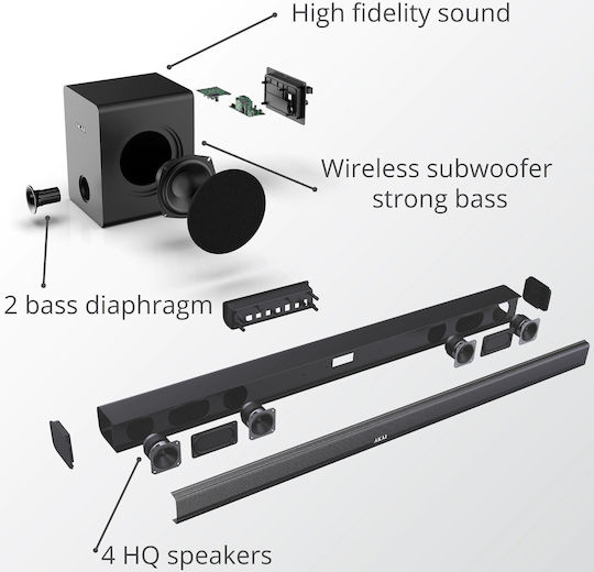 Akai Proffesional ASB-6WSW Soundbar 2.1 Bluetooth και HDMI 70W με Ασύρματο Subwoofer και Τηλεχειριστήριο Μαύρο
