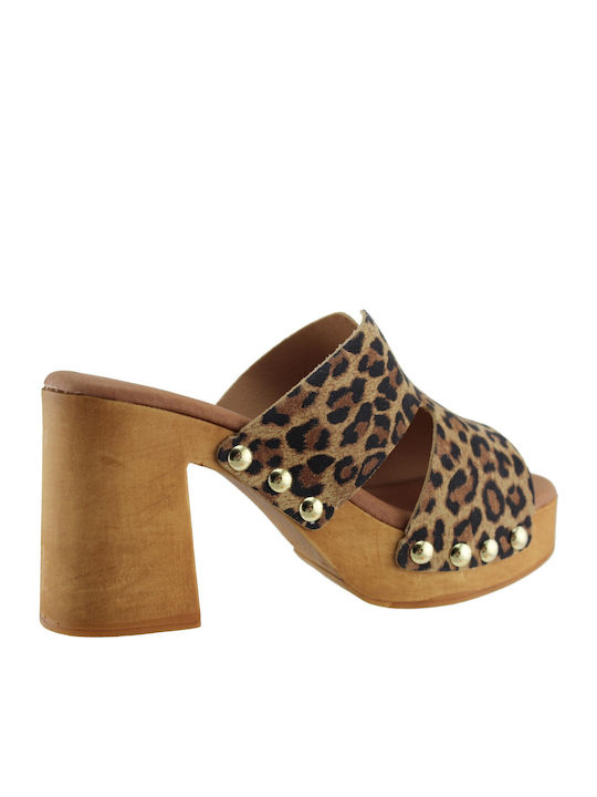 Leather Mules With High Heel In Brown Colour