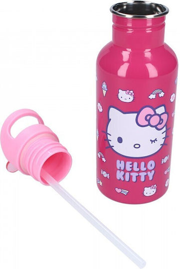 Vadobag Kinderflasche Hallo Kitty Rostfreier Stahl mit Strohhalm Rosa 500ml (Verschiedene Designs/Farben)