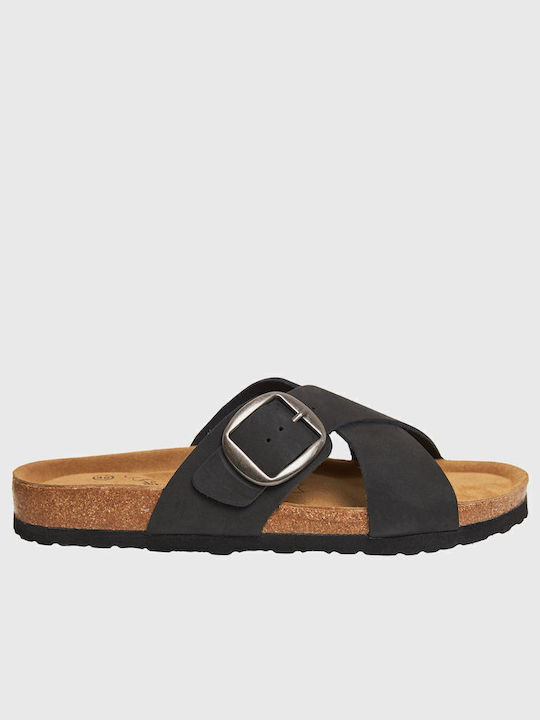 Leather Women's Flat Sandals in Black Color