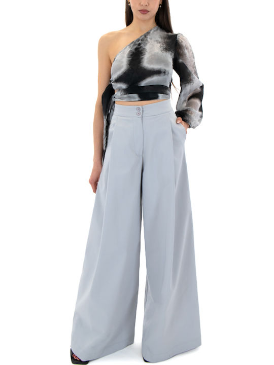 Women's High-waisted Fabric Trousers in Wide Line Gray