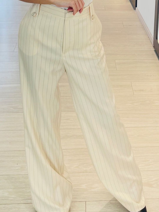 Femei Talie înaltă Din material textil Pantaloni Cu dungi Ecru