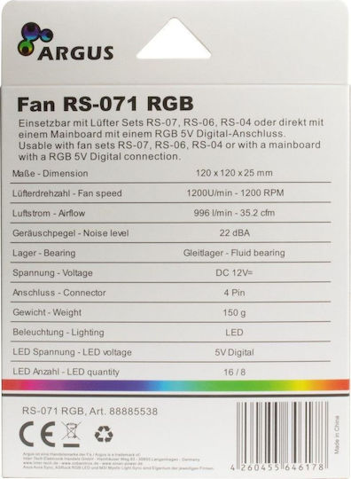 Inter-Tech Argus RS-071 Case Fan 120mm (900rpm / 59.81cfm) με RGB Φωτισμό και Σύνδεση 4-Pin PWM
