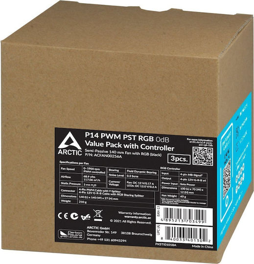 Arctic P14 PWM PST Case Fan 140mm (1900rpm / 68.9cfm) with RGB Lighting and 4-Pin Connection 3pcs