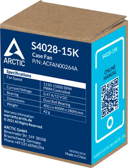 Arctic S4028-15K Вентилатор За Кутия (1500 Оборота / 19.23 CFM) Без Светодиодно Осветление И Свързване 4-Изводна ШИМ