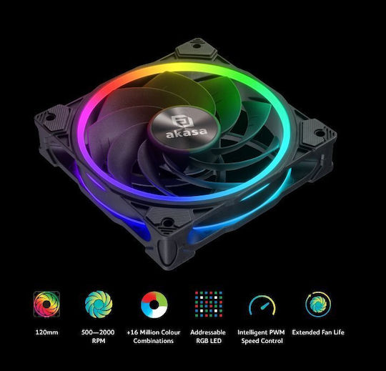 Akasa SOHO AR12 Reverse Blade Case Fans 120mm (2000rpm / 58.3cfm) with RGB Lighting and Connection 3-Pin / 4-Pin PWM