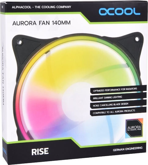 Alphacool Rise Aurora Gehäuselüfter 140mm (2000rpm) mit ARGB Beleuchtung und 4-Pin PWM Verbindung Weiß