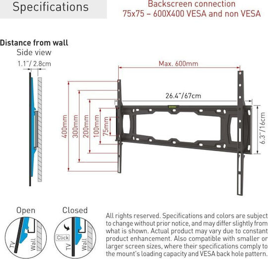 Barkan E400+.B Βάση Τηλεόρασης Τοίχου έως 90" και 60kg Μαύρο