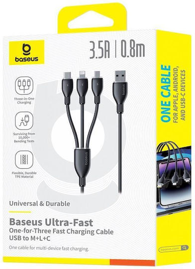 Baseus Charging Regular USB to micro USB / Lightning / Type-C Cable 3.5A Μαύρο 0.8m