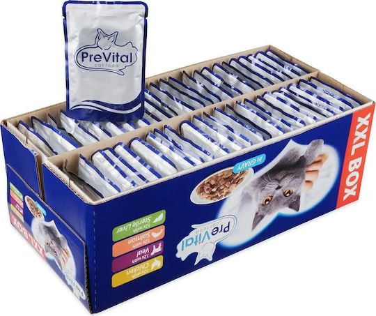 PreVital Nassfutter für Katzen in Beutel mit Huhn, Kalb, Lachs und Leber 48x100gr