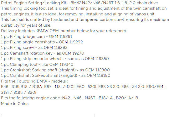 Комплект за заключване на ангренажна верига за двигатели на BMW N42 N46 N46t 1.6 1.8 2.0 Gamateh