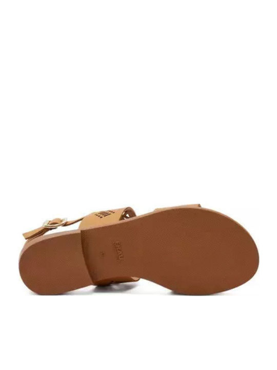 Leather Women's Flat Sandals in Tabac Brown Color