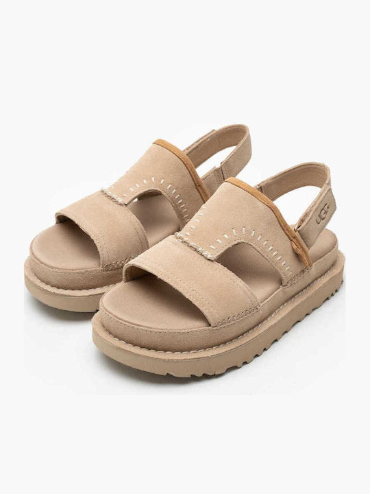 Goldenstar Leather Women's Flat Sandals Flatforms in Beige Color