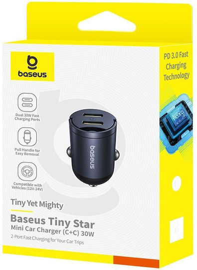 Baseus Tiny Star Mini Auto-Ladegerät 30W 3.5A mit Anschlüssen: 2xType-C Schwarz Farbe