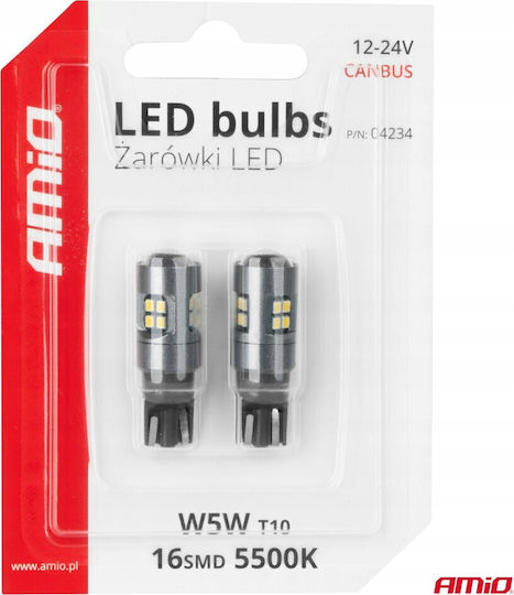 AMiO Лампи Автомобила T10 / W5W Canbus LED 5500К Хладно бяло 12-24V 2бр