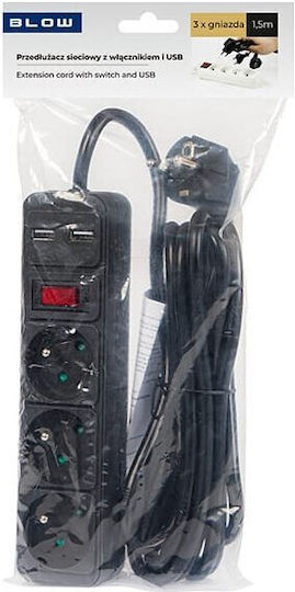 98-774# Προέκταση Δικτύου Pr-370wsp/usb 3-υποδοχές+usb Γείωση+διακόπτης 1,5μ Μαύρο 3x1,5mm