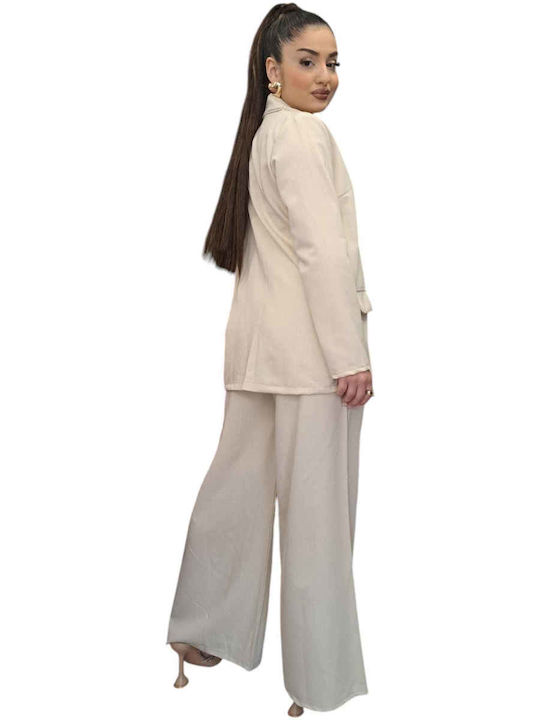 Women's Beige Set with Pants in Loose Fit Striped