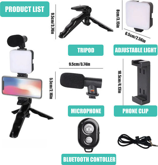 Kit de Vlogging Profesional Linomag pentru Youtube Tiktok Filmare Video Telecomandă Bluetooth Trepied cu Mâner Pistol Pliabil Lumină LED Microfon Compatibil Cameră Smartphone