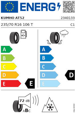 Kumho Road Venture At52 235/70R16 106T 3PMSF Car Tyres for Passenger Vehicle