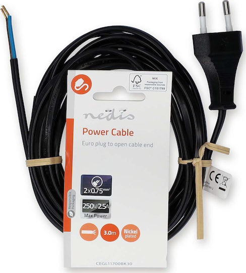 Nedis Power Cable Euro Plug Open Straight Black Bulk 3m