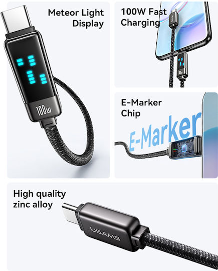 Usams Cablu USB 2.0 Braided / LED USB-C Masculin - USB-C 100W PD Alb 1.2m SJ744USB02