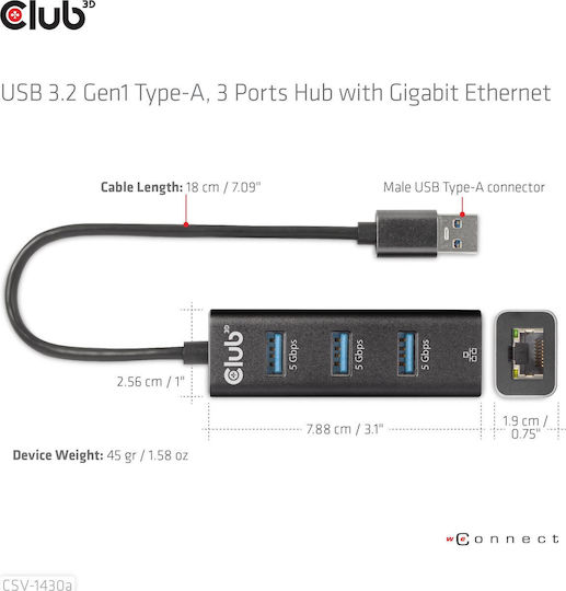 Club3D USB-Hub 3 Anschlüsse USB 3.0 mit USB-A / Ethernet