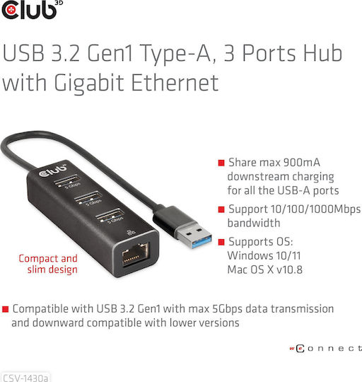 Club3D USB-Hub 3 Anschlüsse USB 3.0 mit USB-A / Ethernet