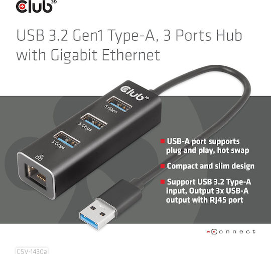 Club3D USB-Hub 3 Anschlüsse USB 3.0 mit USB-A / Ethernet