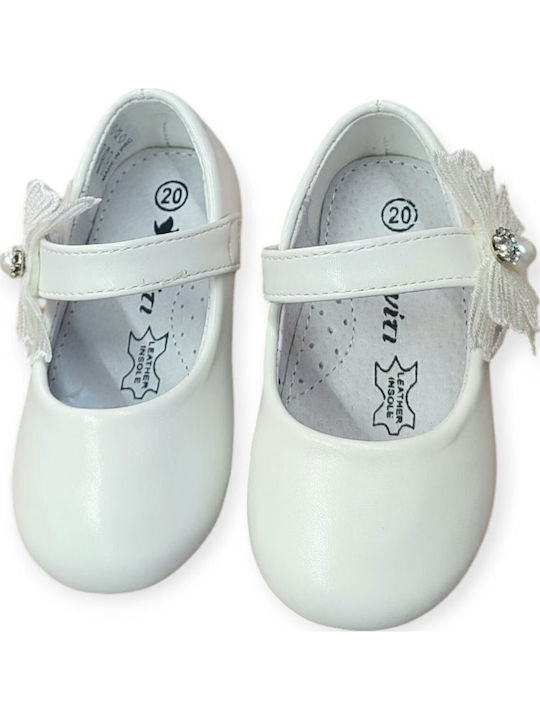 Kids Leather Ballerinas with Hoop & Loop Closure White