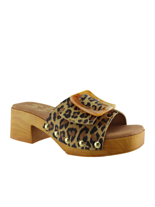 Leather Women's Mules with Chunky Low Heel in Brown Color