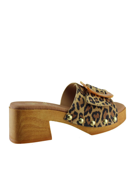 Leather Women's Mules with Chunky Low Heel in Brown Color