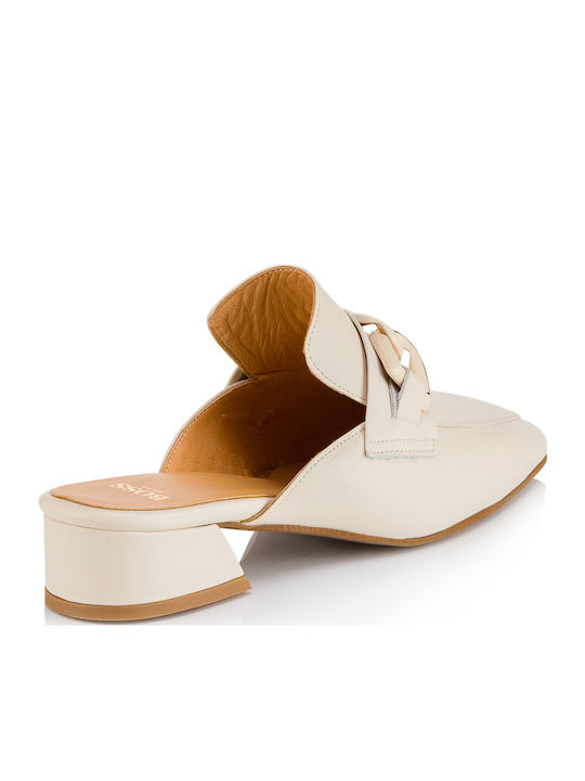 Leather Mules with Chunky Low Heel in Ecru Colour