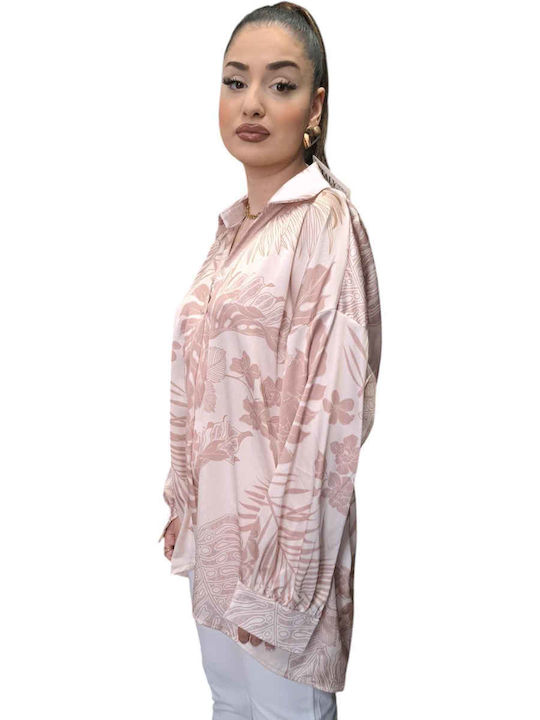 Women's Summer Blouse Linen Floral Beige