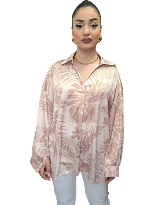 Women's Summer Blouse Linen Floral Beige