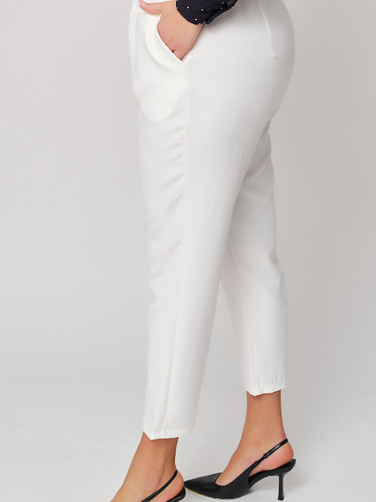 Women's Fabric Trousers with Elastic Carrot Fit White