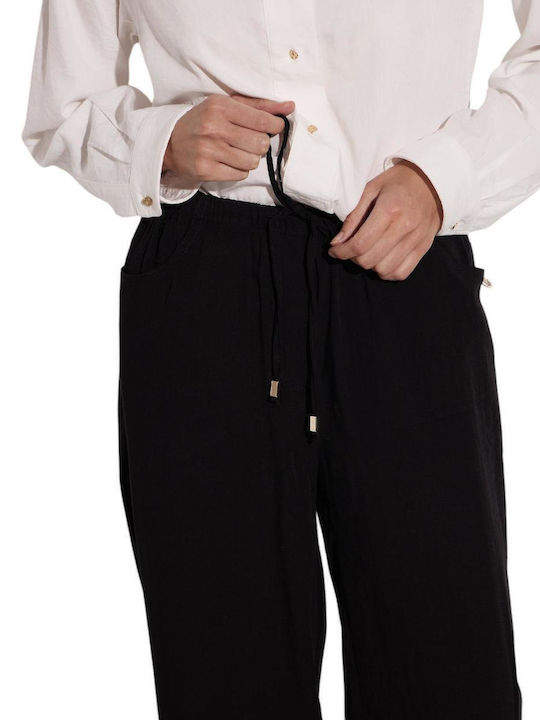 Pantaloni Dama Largi Negru Cu Talie Înaltă