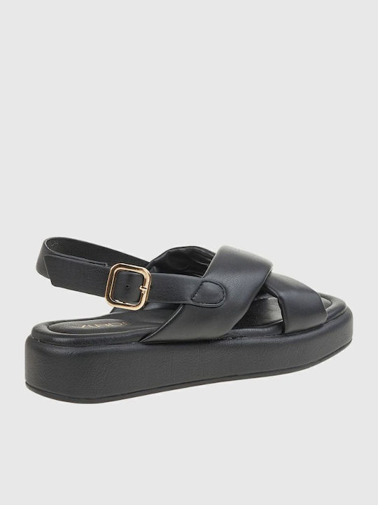 Leather Women's Flat Sandals in Black Color