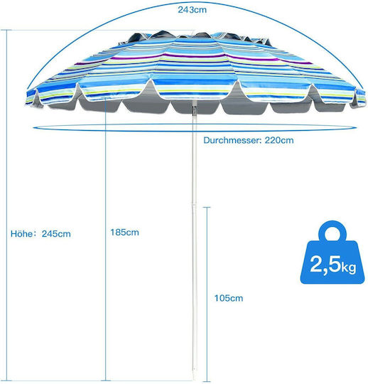 Costway Umbrelă Pliabilă De Plajă Diametru 2.43m Albastru Deschis