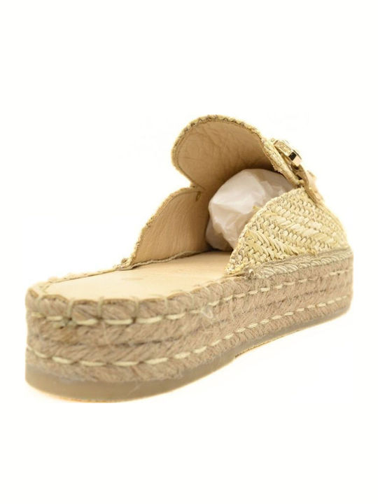 Leather Mules with Low Heel in Beige Color