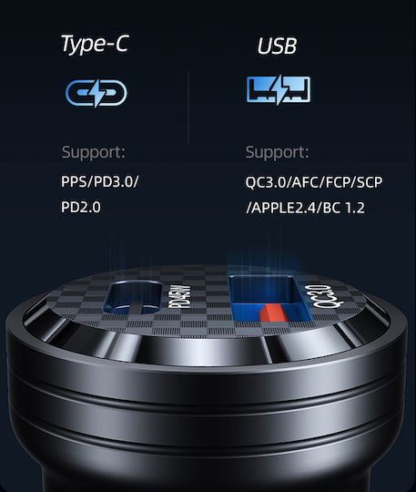 Usams US-CC175 Auto-Ladegerät 45W Schnellladung mit Anschlüssen: 1xUSB 1xType-C Schwarz Farbe