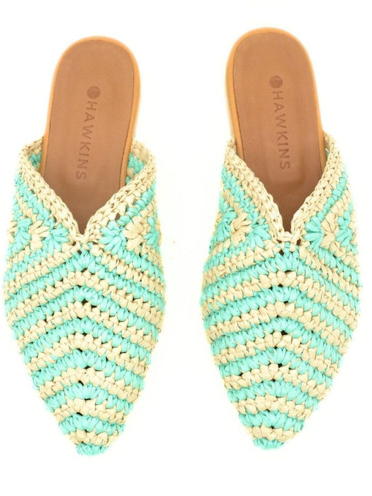Flat Leather Mules in Turquoise Color