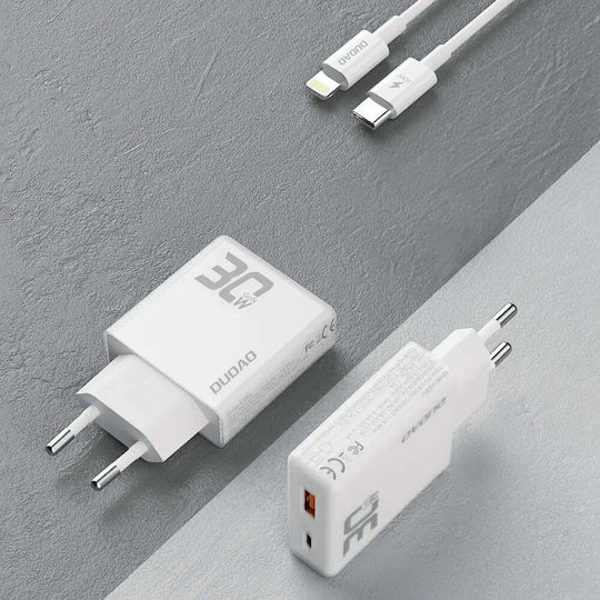 Dudao Charger GaN with USB-A Port and USB-C Port and Cable USB-C - Lightning 30W Power Delivery / Quick Charge 3.0 Whites