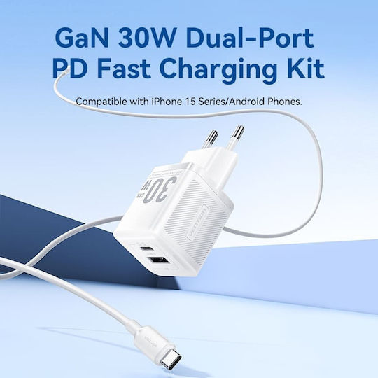 Vention Vention GaN Charger with USB-A and USB-C Ports and USB-C - USB-C Power Delivery Cable Black