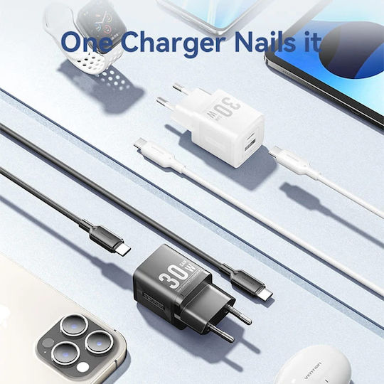 Vention Φορτιστής GaN με Θύρα USB-A και Θύρα USB-C και Καλώδιο USB-C - USB-C 30W Power Delivery Λευκός (FEQW0)