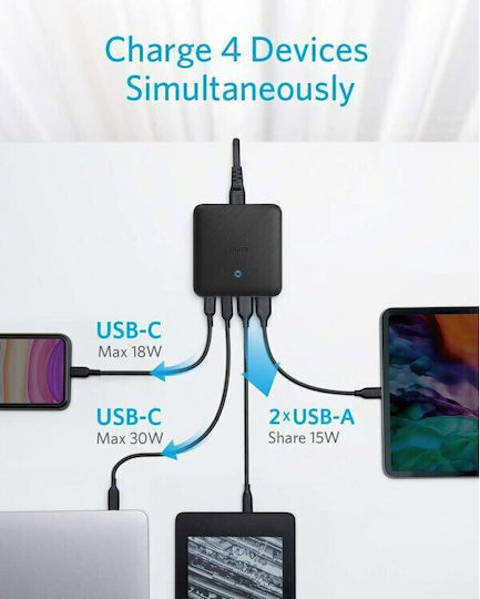 Anker mit 3 USB-A Anschlüssen und USB-C Anschluss 65W Stromlieferung Schwarz (PowerPort Atom)