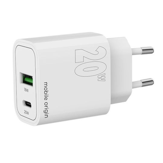 Mobile Origin Încărcător Fără Fir Cu Port USB-A Și Port USB-C 20W Livrarea Energiei Alb