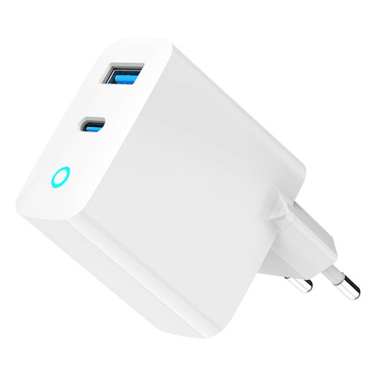 Gembird Зарядно без кабел GaN с USB-A порт и USB-C порт 65W Power Delivery / Quick Charge 3.0 Бял (TA-UC-PDQC65L-W-01)